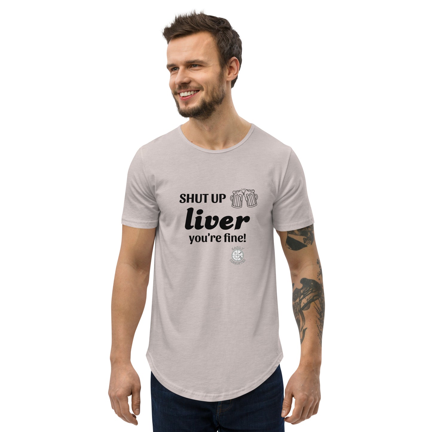 Shut Up Liver Men's Curved Hem T-Shirt by Easily Corrupted