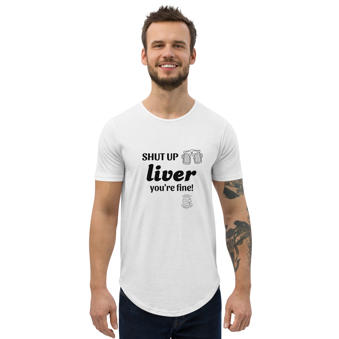 Shut Up Liver Men's Curved Hem T-Shirt by Easily Corrupted