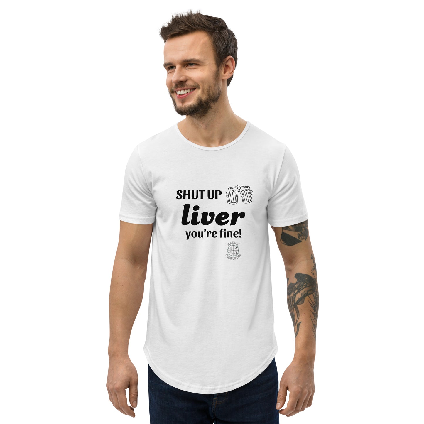 Shut Up Liver Men's Curved Hem T-Shirt by Easily Corrupted