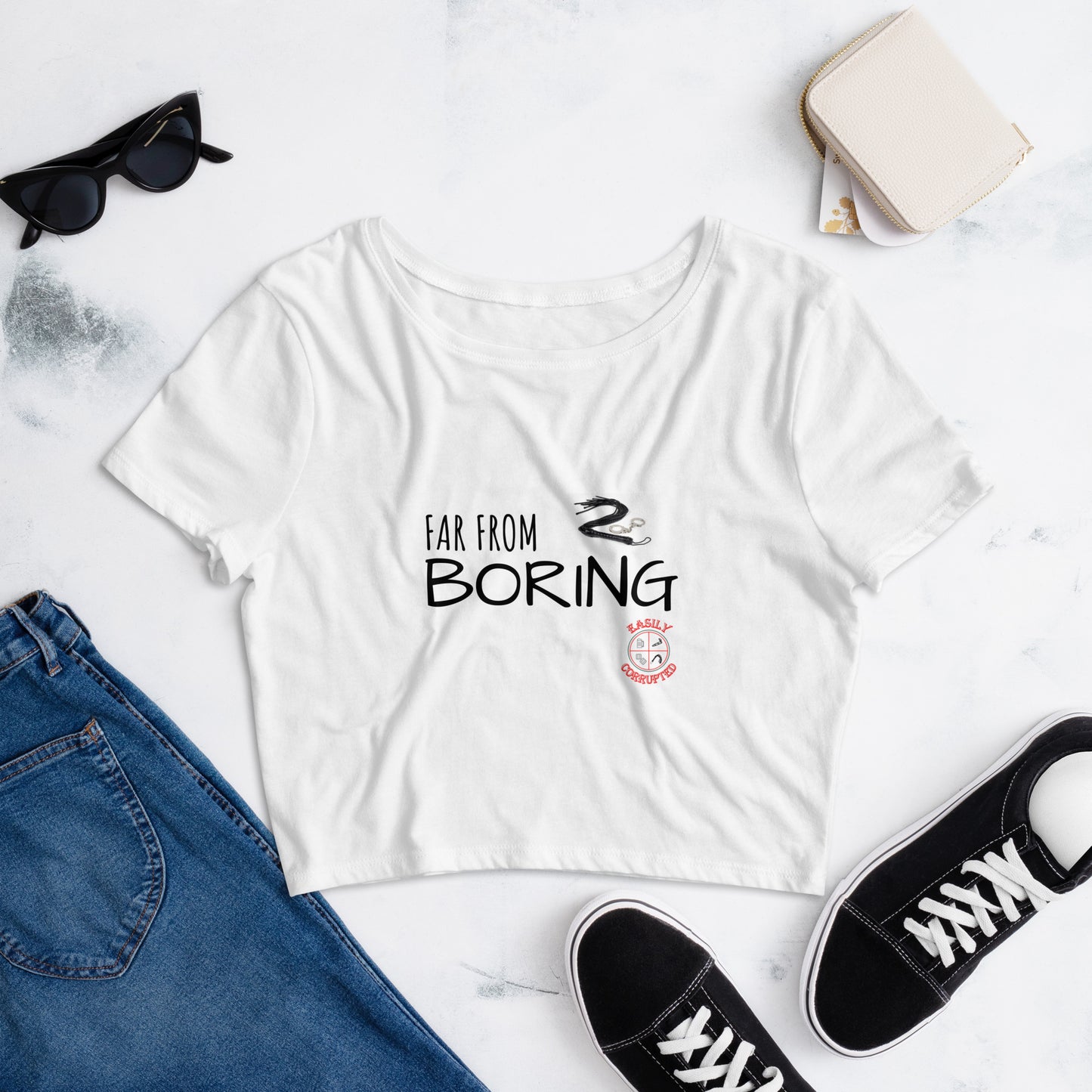 Far From Boring Women’s Crop Tee by Easily Corrupted